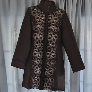 Via Spiga Black Puffer Coat Floral Embroidery Pattern Mid Length Jacket Feathers